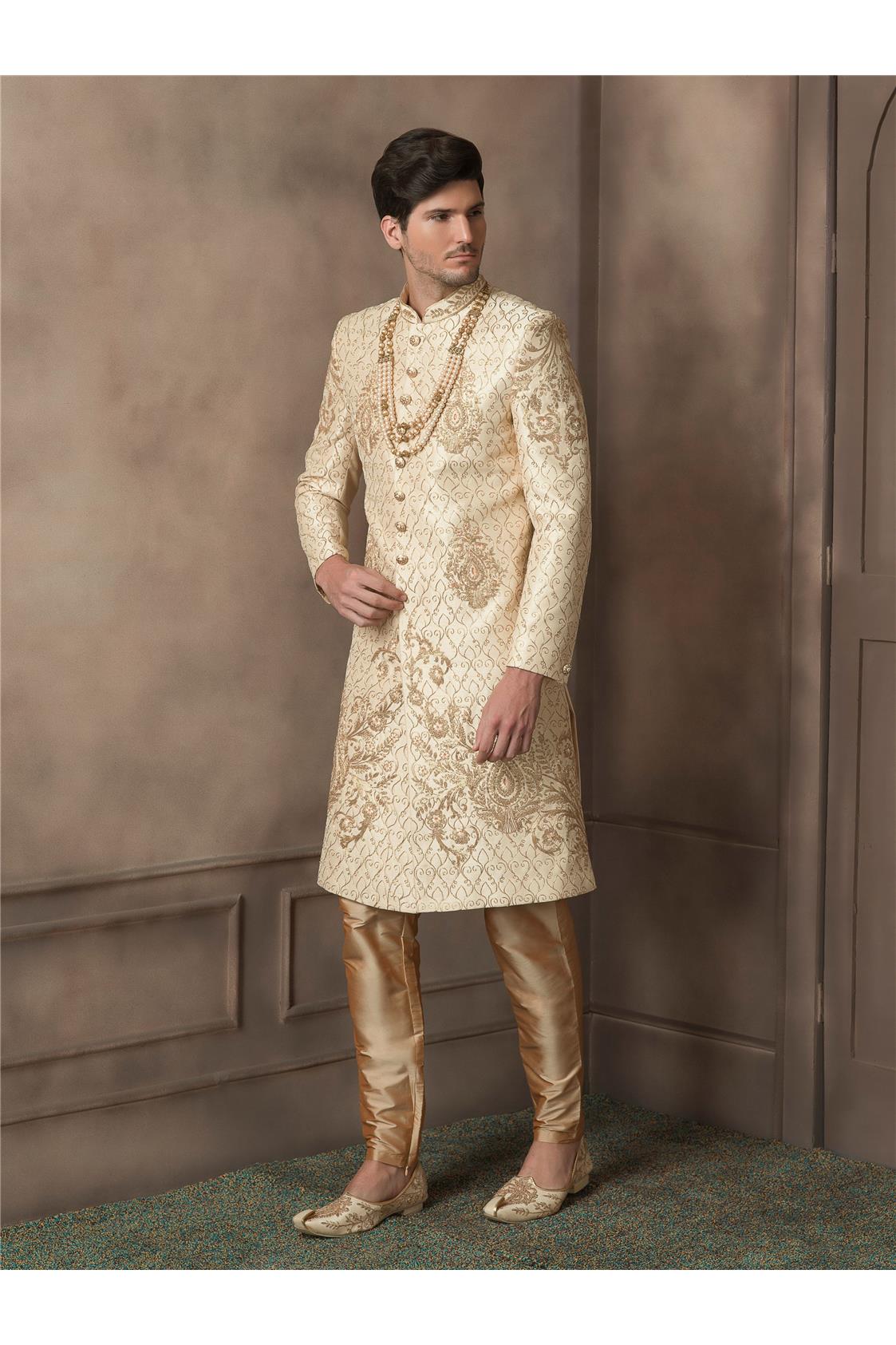 Gold Zari and Thread Worked Silk Sherwani